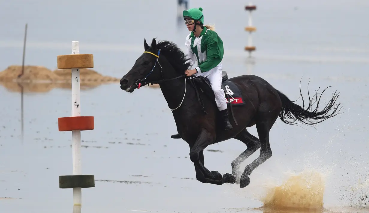 Seorang wanita sedang memacu kudanya untuk menyelesaikan kompetisi balap kuda di Wadden Race, Lower Saxony, Jerman, Minggu (12/7/2015). Balapan ini dilakukan dalam beberapa seri. (REUTERS/Fabian Bimmer)