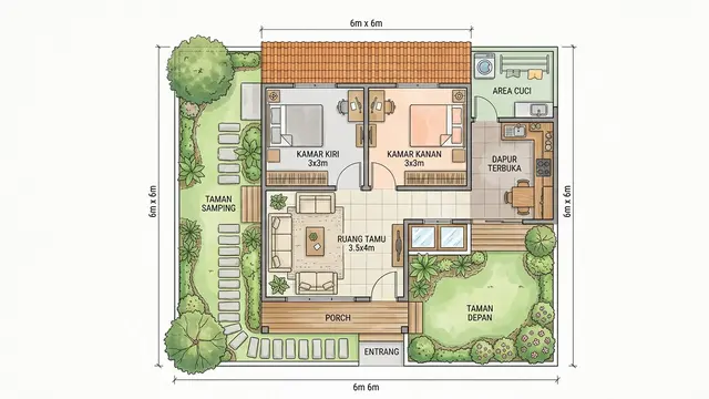 Contoh Rumah Kampung Kekinian 6x6 2 Kamar dengan Dapur Terbuka. Gemini