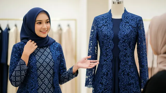 Model Gamis Kombinasi Outer Brokat dan Batik Warna Navy Elegan