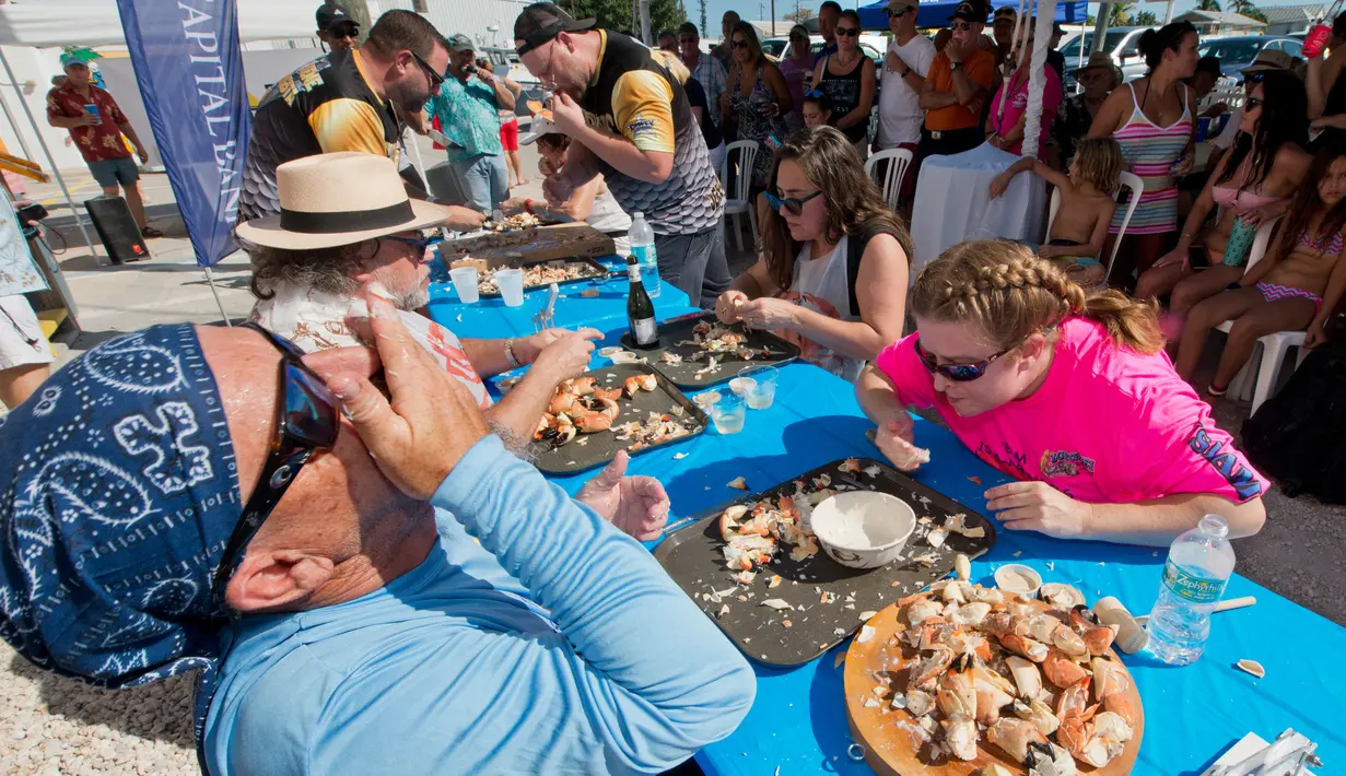Para peserta beradu cepat memakan daging kepiting batu dalam kontes Key Fisheries Stone Crab Eating di Marathon, Florida, Sabtu (10/11). Mereka harus memecahkan cangkang 25 kepiting batu lalu memakan dagingnya. (Andy Newman/Florida Keys News Bureau/AFP)