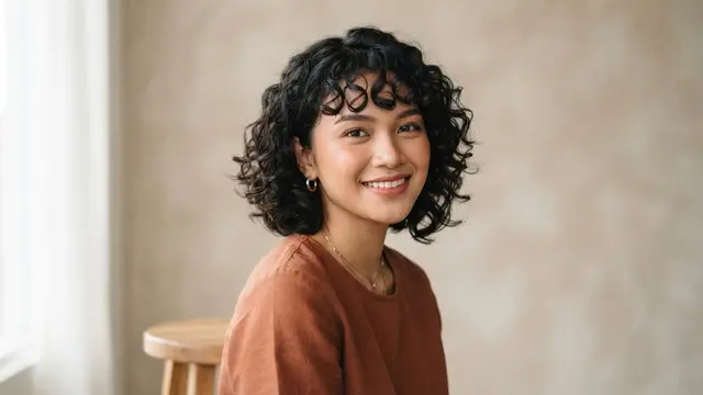 Potongan rambut pendek wanita keriting yang tidak bikin wajah bulat model french bob keriting dengan ujung membingkai wajah