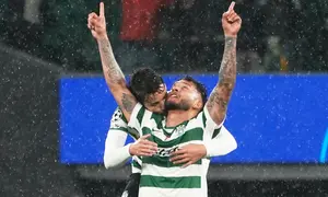 Selebrasi Luis Suarez dalam laga Sporting Lisbon vs Bodo/Glimt di leg kedua 16 besar Liga Champions 2025/2026, Rabu (18/3/2026). (AP Photo/Ana Brigida)