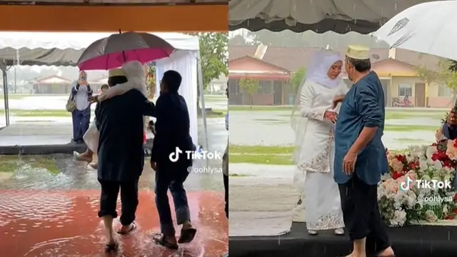 Terjang Hujan dan Banjir, Paman Ini Rela Gendong Pengantin Wanita ke Lokasi Akad Nikah