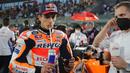 Pembalap Spanyol yang memperkuat tim Repsol Honda, Marc Marquez yang memulai balapan dari posisi ketiga gagal menggenapkan perolehan podiumnya di angka 100. Ia gagal meraih podium usai hanya finis di posisi kelima. (AFP/Karim Jaafar)