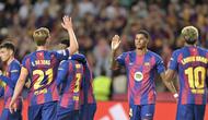 Marcus Rashford usai mencetak gol bersama Barcelona saat melawan Olympiacos di ajang Liga Champions 2025/2026. (MANAURE QUINTERO / AFP)