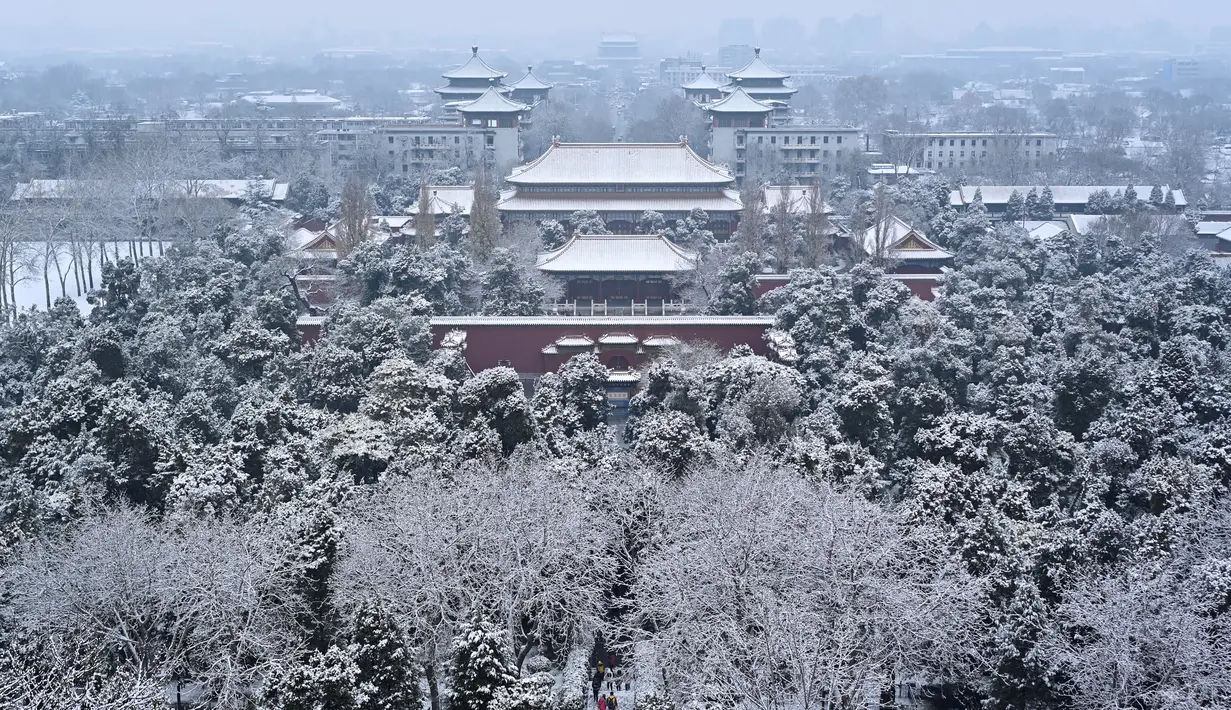 Sejumlah pengunjung (bawah) saat mengunjungi taman di dekat Kota Terlarang setelah salju turun di Beijing (30/11/2019). Beijing mengalami hujan salju pertama di seluruh kota sejak awal musim dingin dari 29 hingga 30 November 2019. (AFP Photo/Wang Zhao)