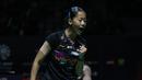 Tunggal putri andalan Indonesia, Putri Kusuma Wardani melakukan selebrasi usai mendapatkan poin pada pertandingan melawan wakil Taiwan, Sung Shuo Yun dalam babak 32 besar Indonesia Masters 2026 di Istora Senayan, Jakarta pada Rabu (21/01/2026). (Bola.com/Abdul Aziz)