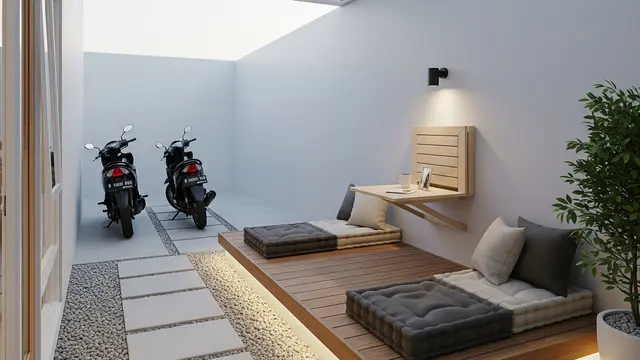Desain Teras Rumah untuk Dua Motor dan Tempat Duduk Santai Sekaligus (Image by Gemini AI)