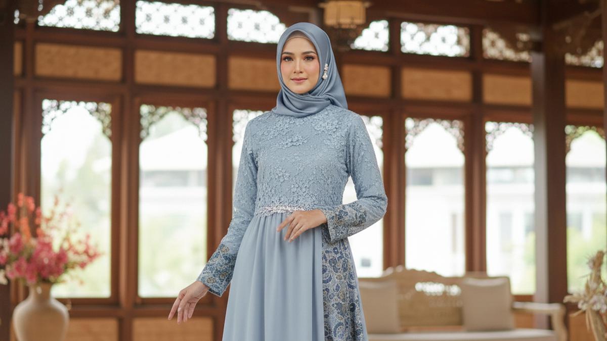 7 Koleksi Gamis Batik Brokat Warna Baby Blue Terbaru, Tampil Glamour saat Lebaran 2026