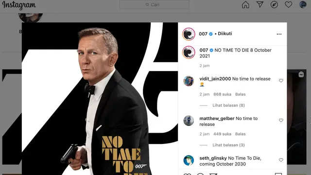Unggahan soal No Time To Die. (Foto: Instagram @007)