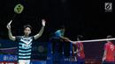 Ganda putra Indonesia, Kevin Sanjaya Sukomuljo merayakan kemenangan usai melawan Ong Yew Sin/Teo Ee Yi (Malaysia) di 16 besar Indonesia Open 2018, Istora GBK, Jakarta, Kamis (5/7). Kevin/Marcus unggul 21-18, 21-12. (Liputan6.com/Helmi Fithriansyah)