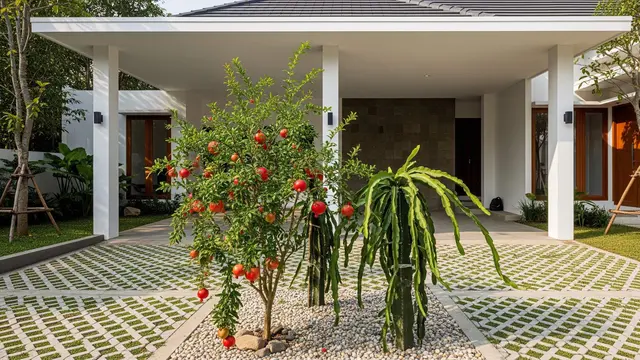 Inspirasi Rumah dengan Kebun Buah Mini di Samping Carport