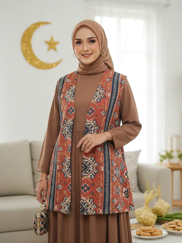 Model Gamis Rompi Terbuka Tren Busana Lebaran 2026 (Foto: Gemini AI)