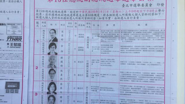 Informasi mengenai tiga kandidat presiden dan wakil presiden Taiwan yang dipasang di depan tempat pemungutan suara di Beitou Elementry School,