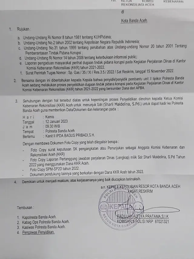 Surat undangan dan klarifikasi data untuk salah seorang komisioner KKR Aceh bernama Sharli Maidelina (Liputan6.com/Ist)