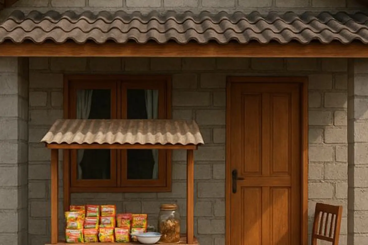 Ilustrasi Rumah Sederhana dari Bambu dan Batako dengan Warung di Teras (Sumber Gambar: Meta AI)