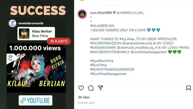 Single terbaru Roro Fitria berjudul Kilau Berlian dapatkan sejuta viewers di YouTube (https://www.instagram.com/p/CbbyLqmJMxw/)