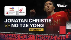 Berita video highlights pertandingan ketiga Indonesia vs Malaysia di perempat final Piala Thomas 2020, di mana Jonatan Christie meraih kemenangan, Jumat (15/10/2021) malam hari WIB.