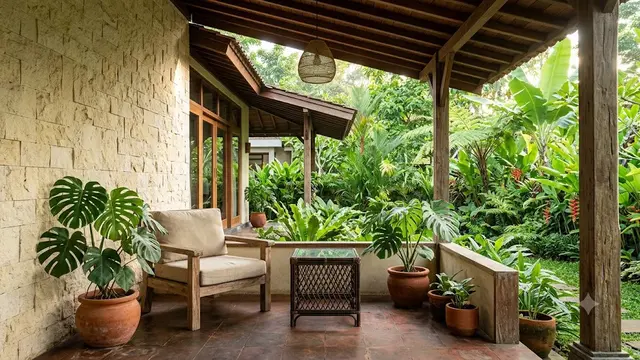 Ide Teras Dinding Batu Tempel dan Monstera