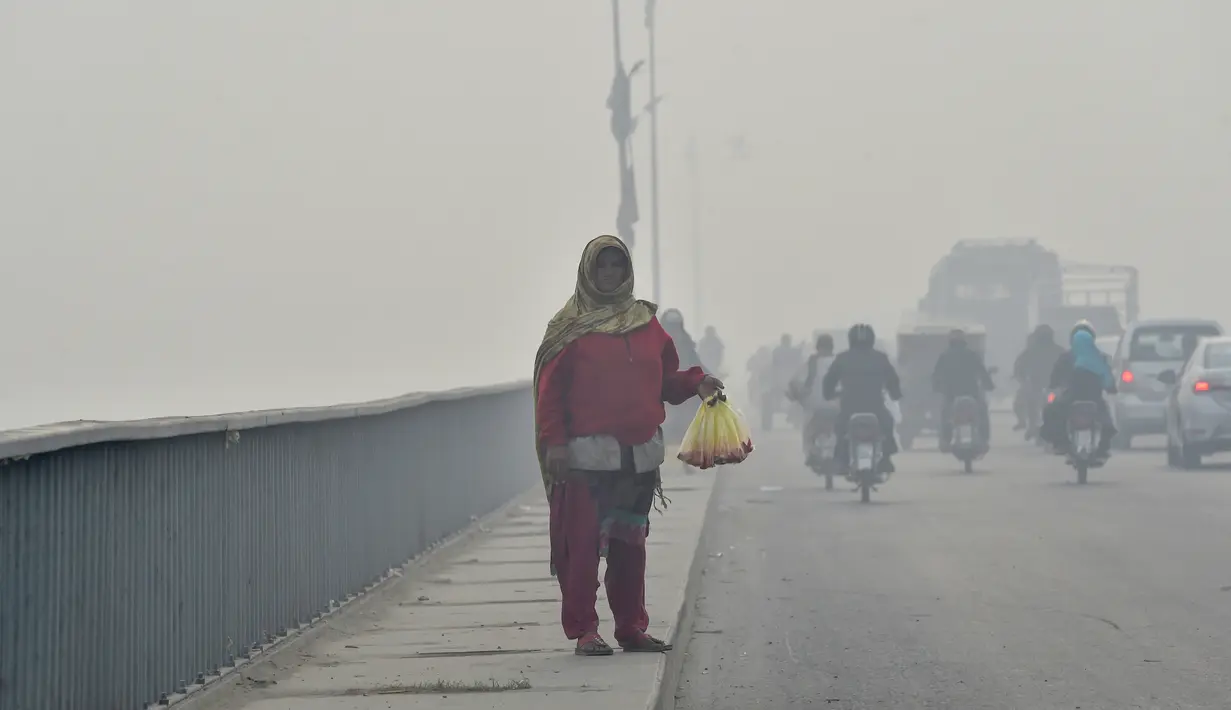 Seorang wanita menjual kelopak mawar di tengah kabut tebal di Lahore (21/11/2019). Kabut asap bukanlah fenomena baru di Pakistan, kabut asap telah mengambil urgensi yang lebih besar tahun ini di tengah semakin buruknya kualitas udara yang khususnya tidak sehat bagi anak-anak. (AFP Photo/Arif Ali)