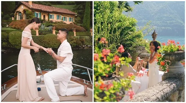Bak adegan di film romantis, intip 6 beda gaya Alyssa Daguise dan Amanda Rawles dilamar di Lake Como
