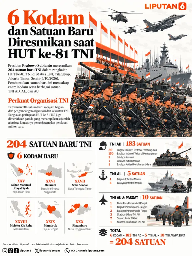 Infografis 6 Kodam dan Satuan Baru Diresmikan saat HUT ke-81 TNI
