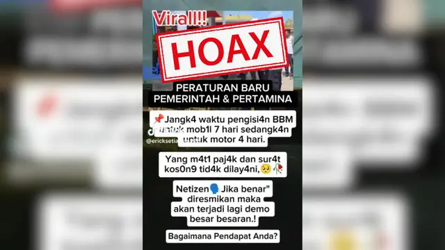 Tangkapan layar hoaks pengisian BBM hingga 7 hari untuk mobil dan 4 hari untuk motor.