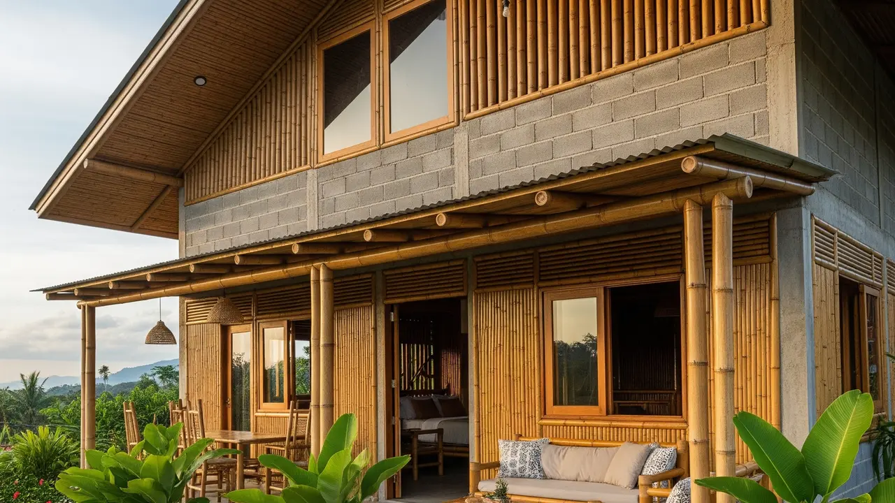 Rumah Bambu dan Batako Gaya Tropis dengan Teras Luas (Gemini AI)