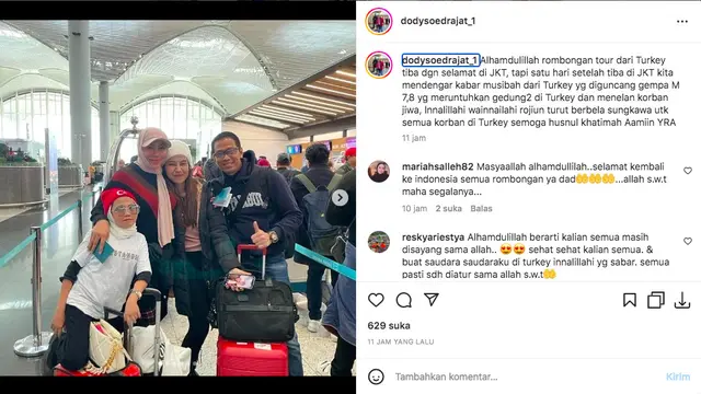 Mayang dan Doddy Sudrajat Pastikan dalam Keadaan Aman, Sempat Dikira Masih di Turki dan Ikut Alami Gempa. (instagram.com/doddysoedrajat_1)