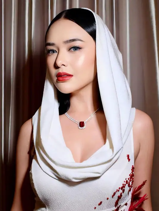 MUA Philippe Karunia memoles wajah Amanda dengan tampilan glamor natural. Ia mengaplikasikan lipstik merah cherry glossy yang menjadi on point pada penampilan Amanda. Cocok dengan kalung berliontin merahnya. [@philipekarunia]