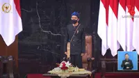 Presiden Joko Widodo (Jokowi) saat Sidang Tahunan MPR RI 2021 di Gedung MPR/DPR di Jakarta, Senin (16/8/2021).