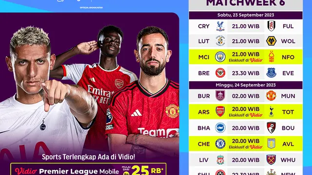 Jadwal Live Streaming Liga Inggris 2023/2024 Week 6 di Vidio, 23&24 September 2023