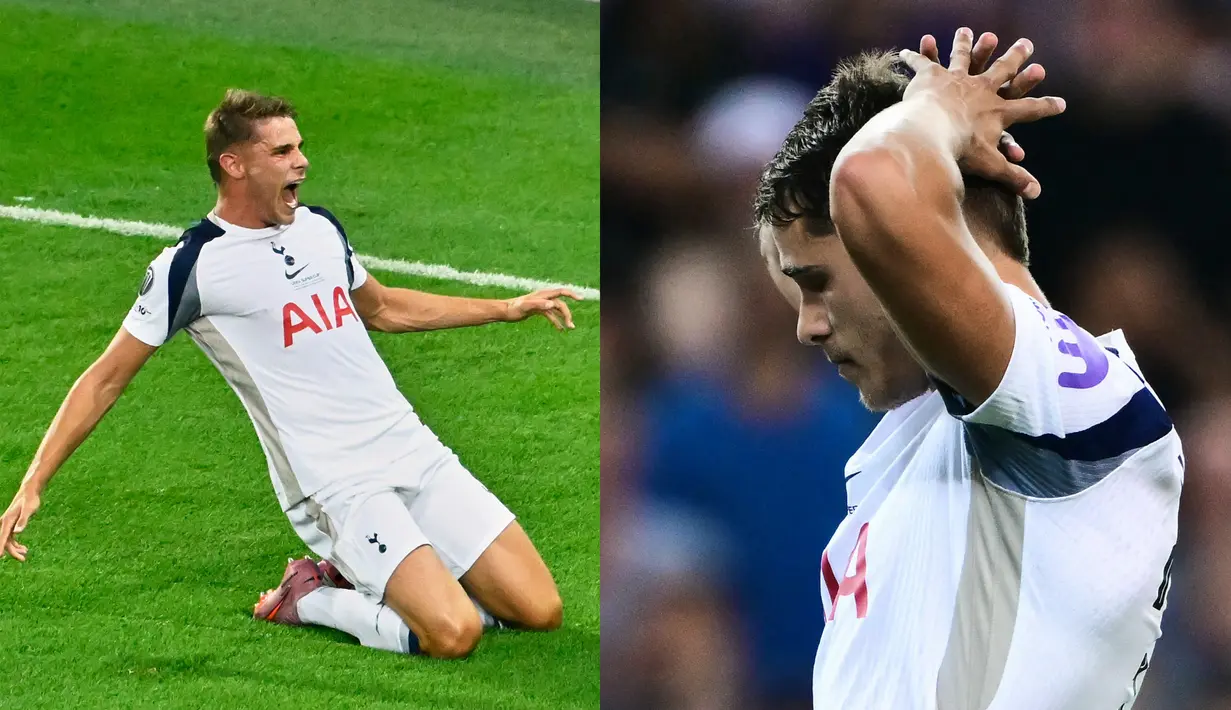 Foto kolase ekspresi selebrasi dan kecewa pemain Tottenham Hotspur, Micky van de Ven dalam laga final UEFA Super Cup 2025 melawan PSG di Bluenergy Stadium, Udinese, Italia, Rabu (13/08/2025) waktu setempat. (Foto kolase:AP Photo/Denes Erdos dan AFP/Marco Bertorello)