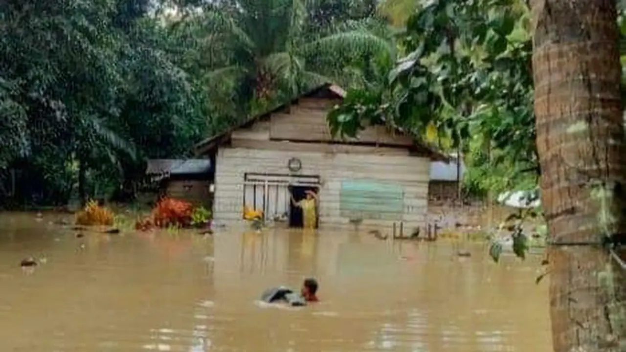 Banjir terjang Kabupaten Kolaka, sebanyak 7 kecamatan daqn 13 desa terendam usai hujan deras sejak Senin (3/7/2023) hingga Selasa (4/7/2023).(Liputan6.com/Ahmad Akbar Fua)