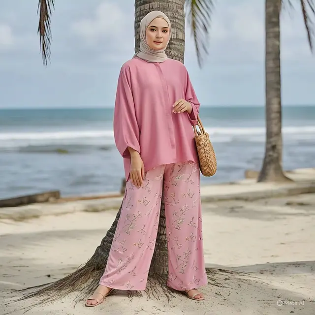 Blouse Viscose Pink dengan Celana Kulot