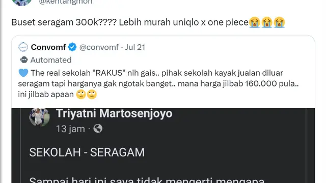 Screenshot salah satu netizen yang kaget karena harga seragam sekolah yang mahal.