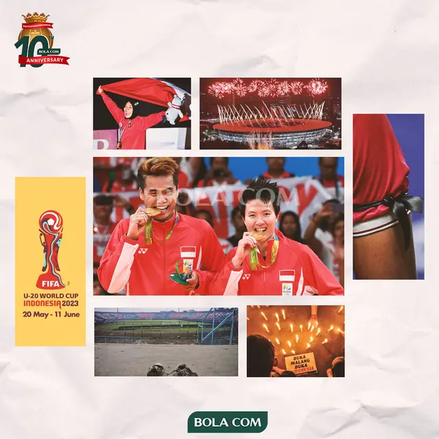 Artikel 10 tahun Bola.com - Kolase Tontowi/Liliyana raih medali emas Olimpiade 2016, perhelatan Asian Games 2018, Logo Piala Dunia U-20 2023, Tragedi Kanjuruhan