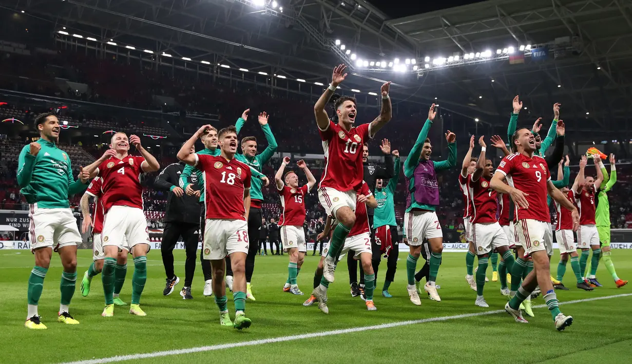 Hungaria berhasil menaklukkan Jerman pada duel matchday 5 Grup 3 UEFA Nations League A 2022/2023, Sabtu (24/9/2022) dini hari WIB yang berlangsung di Red Bull Arena Leipzig. (AFP/Ronny Hartmann)