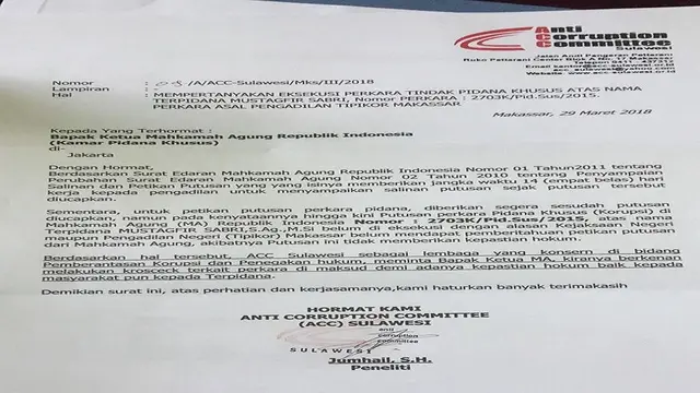 Anti Corruption Committee (ACC) Sulawesi Surati MA (Liputan6.com/ Eka Hakim)
