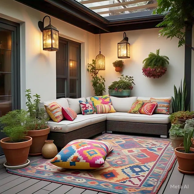 Teras dengan Sofa dan Karpet untuk Ruang Tamu Outdoor. Model teras rumah minimalis pintu samping masa kini