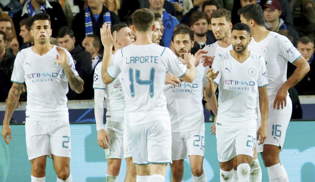 Manchester City mengamuk di markas Club Brugge dalam lanjutan Liga Champions 2021/2022, Selasa (19/10/2021). Skuad Pep Guardiola itu menang telak dengan skor 5-1. (AP//Olivier Matthys)