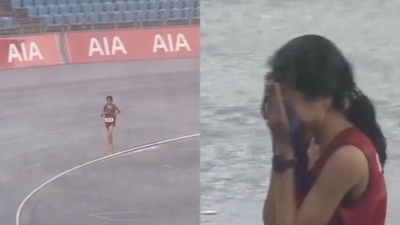 Bou Samnang, pelari Kamboja di ASEAN Games 2023. Ia terus berlari meski hujan. Setelah mencapai garis finish, ia menangis sambil mencium bendera negaranya.