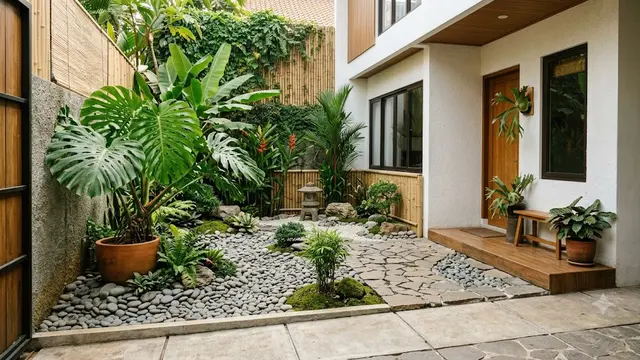 6 Taman Kering dengan Batu Koral dan Monstera, Halaman Rumah Makin Sejuk