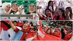 Foto kombinasi memperlihatkan sorak sorai dukungan suporter pada laga Piala Asia 2023. (AP Photo)