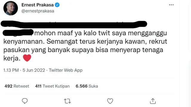 Permintaan maaf Ernest Prakasa soal cuitan tentang Formula E yang kemudian dihapus. (Twitter @ernestprakasa)