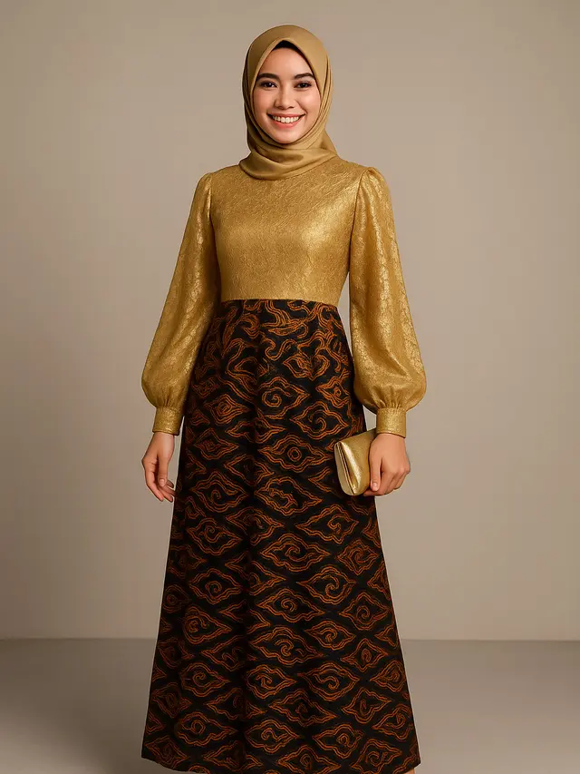 Model Long Dress Brokat Kombinasi Batik Modern Lengan Bishop/Ilustrasi Gambar AI