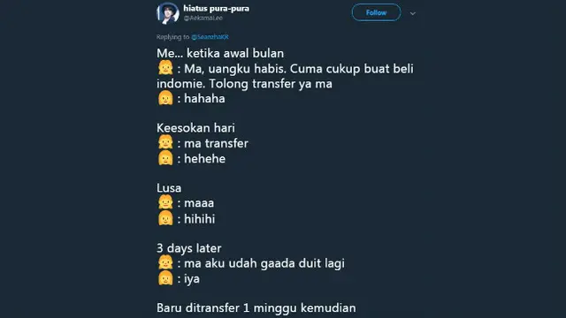 Cara tiap orang meminta uang kepada orangtuanya berbeda-beda.