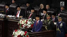 Presiden Joko Widodo (Jokowi) menyampaikan Pidato Kenegaraan pada Sidang Tahunan MPR 2018 di Gedung Nusantara, Senayan, Jakarta, Kamis (16/8). Sidang ruitn ini dilaksanakan jelang perayaan Hari Kemerdekaan Republik Indonesia. (Liputan6.com/Johan Tallo)