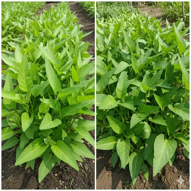 Kangkung yang Ditanam dari Biji (kiri) dan Batang (kanan) (Foto: Gemini)