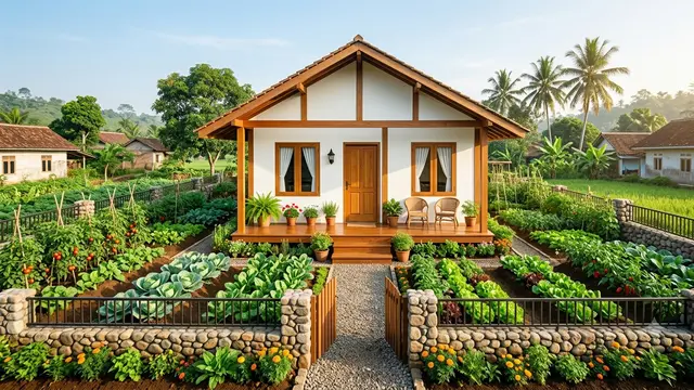 Inspirasi Rumah Desa dengan Kebun Sayur Mengelilingi Halaman. Gemini
